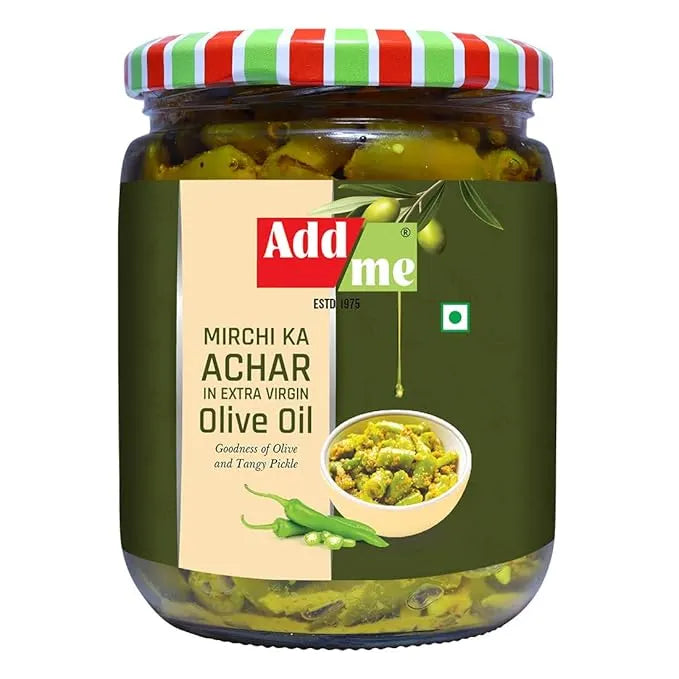Jar of Addme Mirchi Ka Achar with a colorful lid on a white background