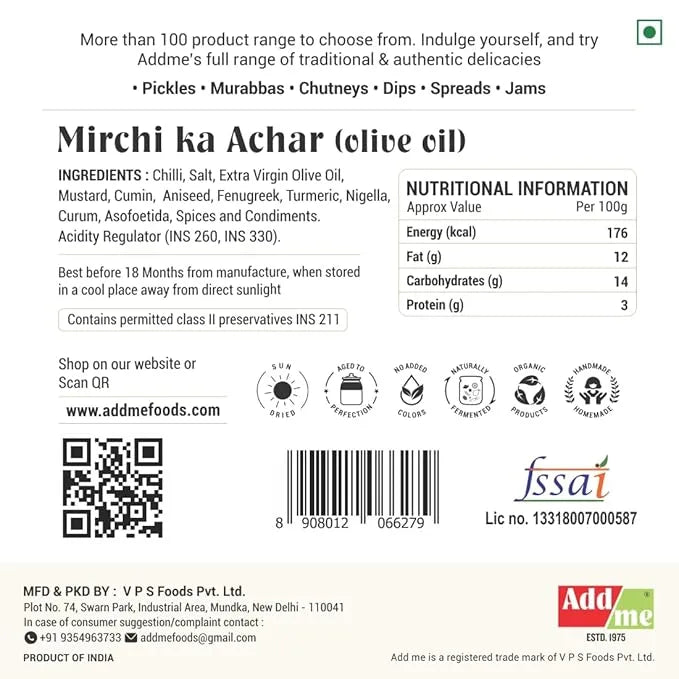 Back of a Mirchi ka Achar packaging with ingredients, nutritional information, and branding details.