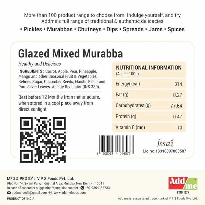 Add Me Foods: Product label for Glazed Mixed Murabba with nutritional information, ingredients, and Addme branding.