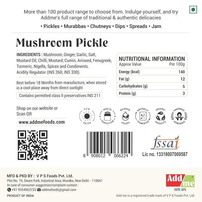 Mushroom pickle label with ingredients, nutritional information, and Addme branding.