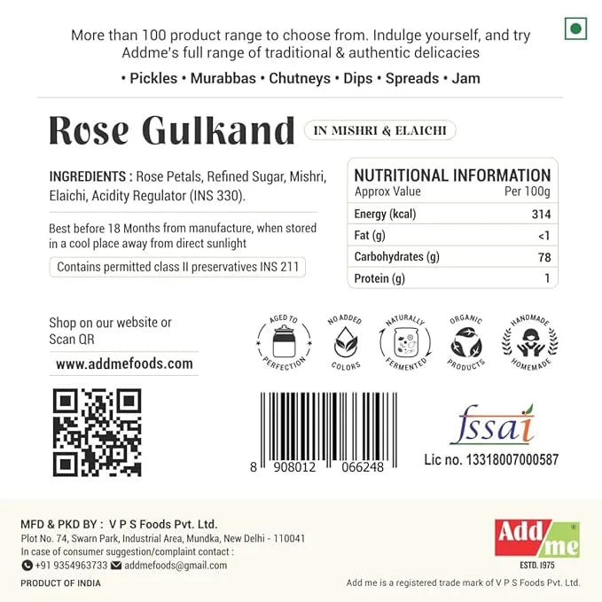 Add Me Foods: Label of Rose Gulkand with nutritional information, ingredients, and Addme branding.