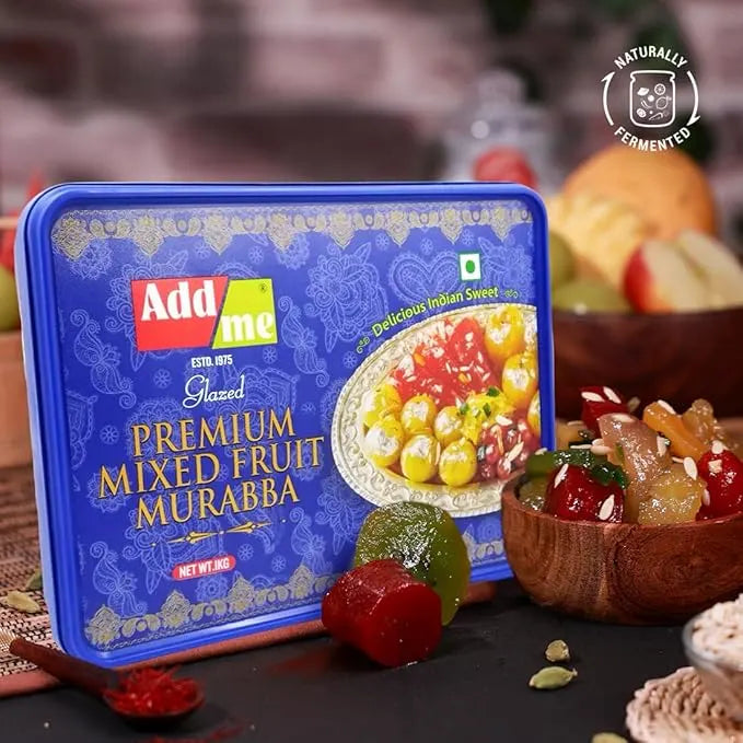 Add Me Foods: Add Me Premium Mixed Fruit Murabba packaging with fruit display in the background. mix murabba