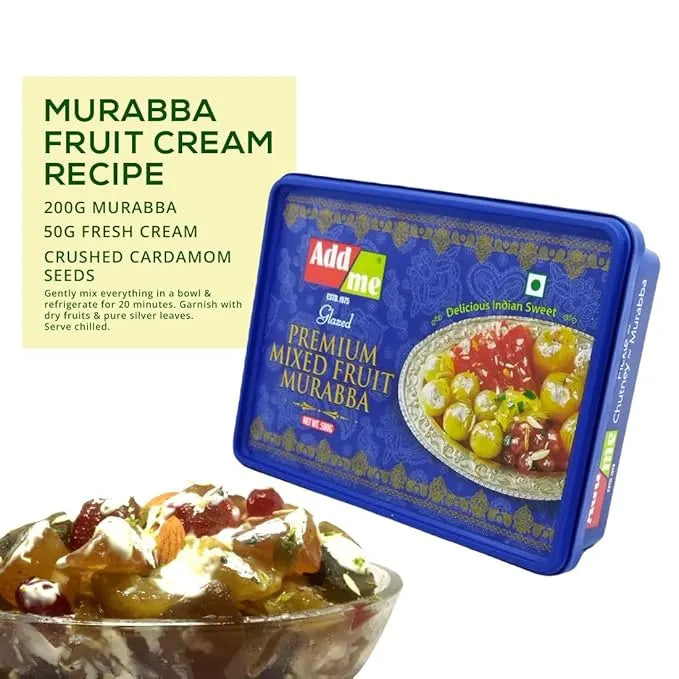 Add Me Foods: Blue packaging of Add Me Premium Mixed Fruit Murabba with a bowl of fruit salad on a white background. mix murabba