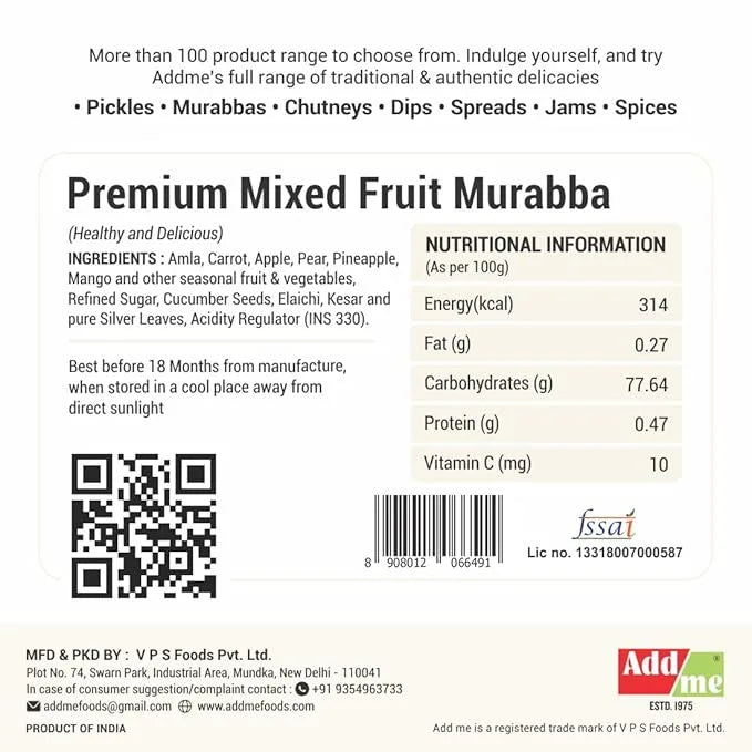 Add Me Foods: Back of a product packaging with nutritional information and branding details. mix murabba