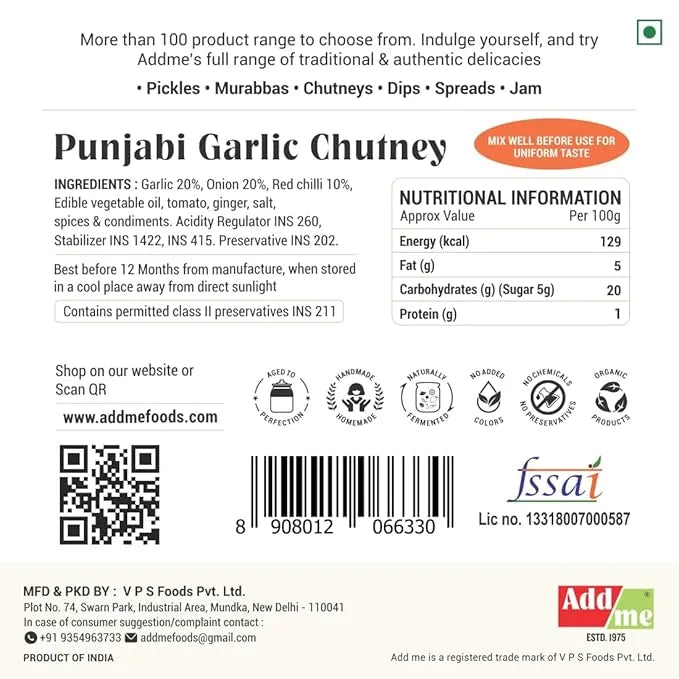 Label of Punjabi Garlic Chutney with ingredients, nutritional information, and branding details.
