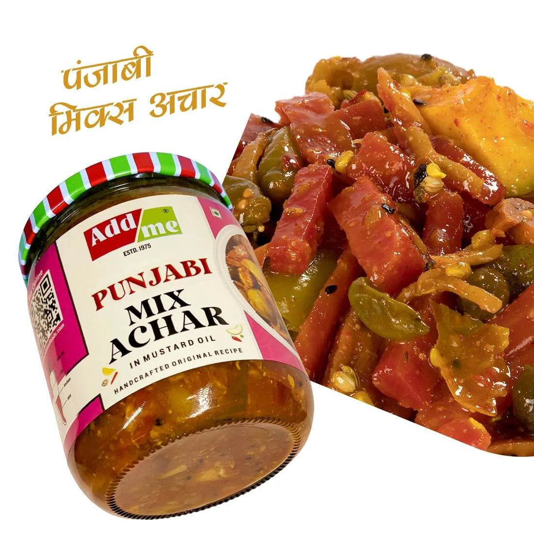 Jar of Add Me Punjabi Mix Achar with a dish of pickled vegetables on a white background