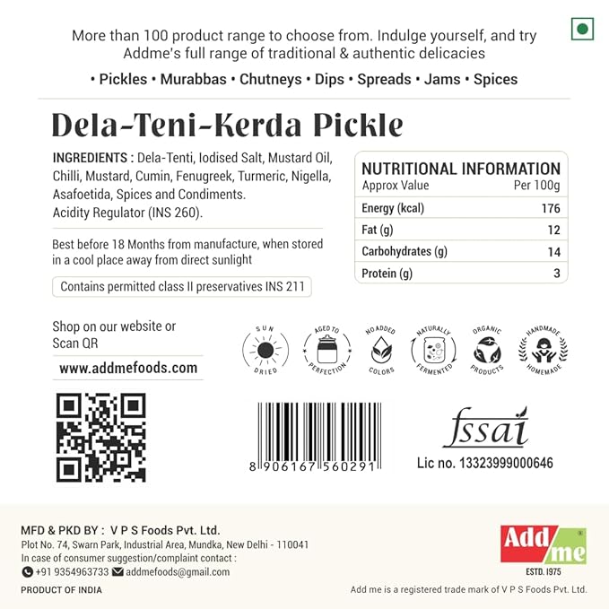Back label of Dela-Teni-Kerda Pickle with ingredients, nutritional information, and branding details.