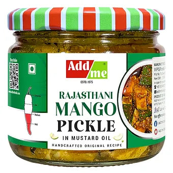 Jar of Add Me Rajasthani Mango Pickle with a striped lid