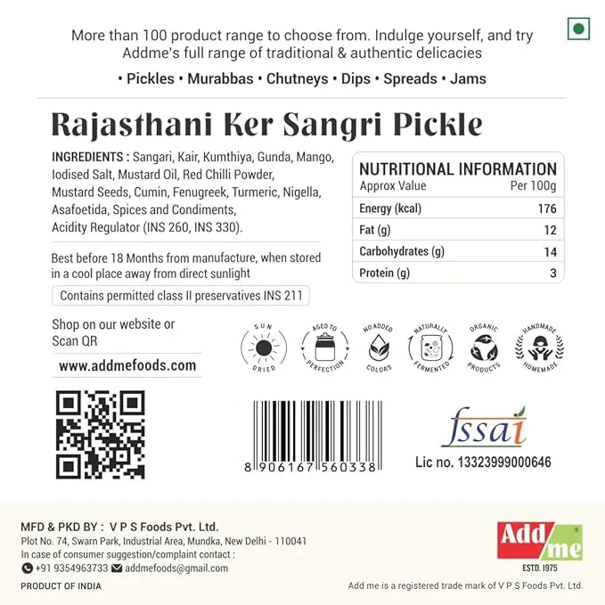 Back label of Rajasthani Ker Sangri Pickle with ingredients, nutritional information, and Addme branding.
