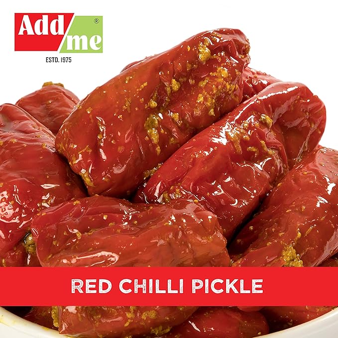 Red chilli pickle with Add Me logo and text on a white background