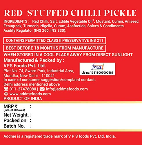 Red label for red stuffed chilli pickle with ingredients and manufacturing details.