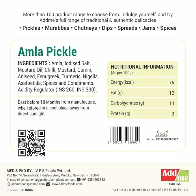 Amla pickle label with ingredients, nutritional information, and Addme branding.