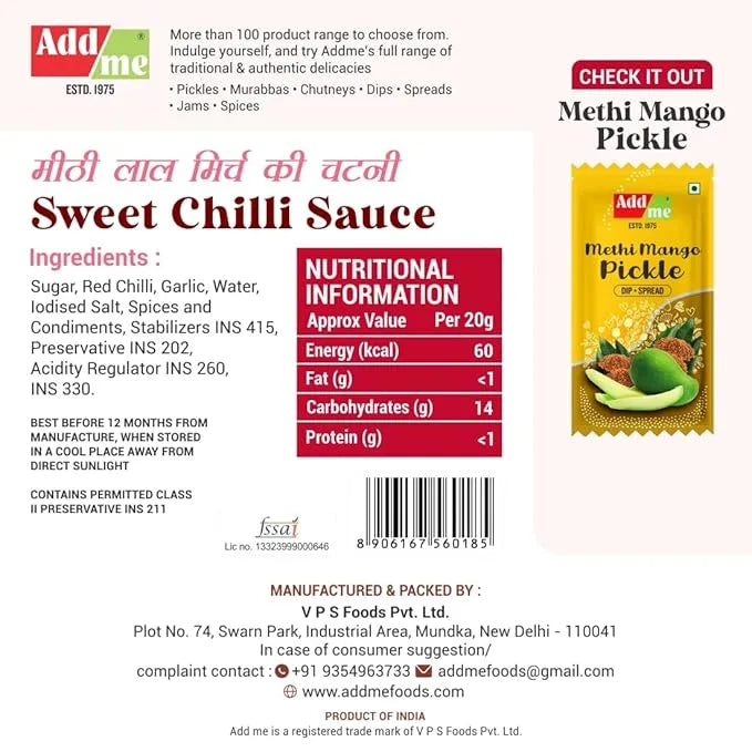 Add Me Foods: Product label for Addme Sweet Chilli Sauce with ingredients, nutritional information, and packaging details.
