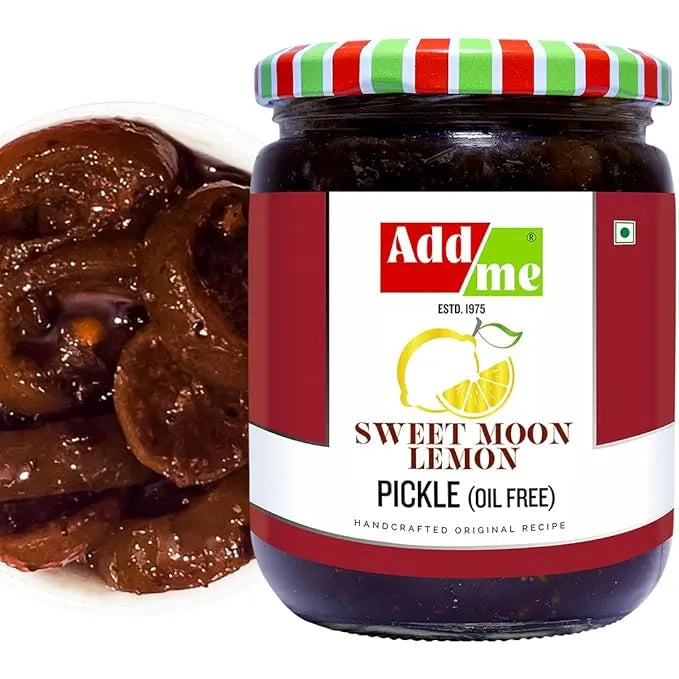 Jar of Add Me Sweet Moon Lemon Pickle with a close-up of pickles on a white background