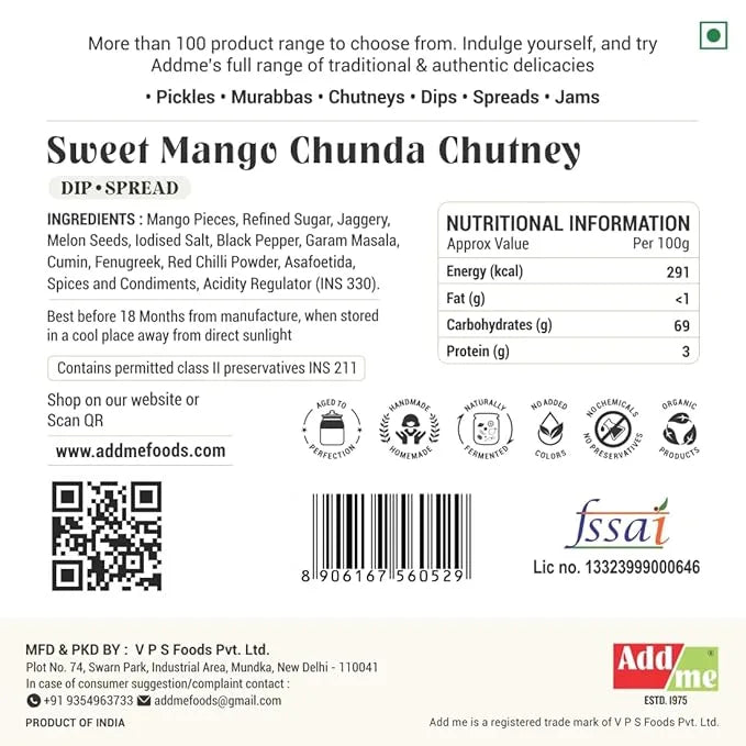 Back of a Sweet Mango Chunda Chutney packaging with nutritional information, ingredients list, and branding details.
