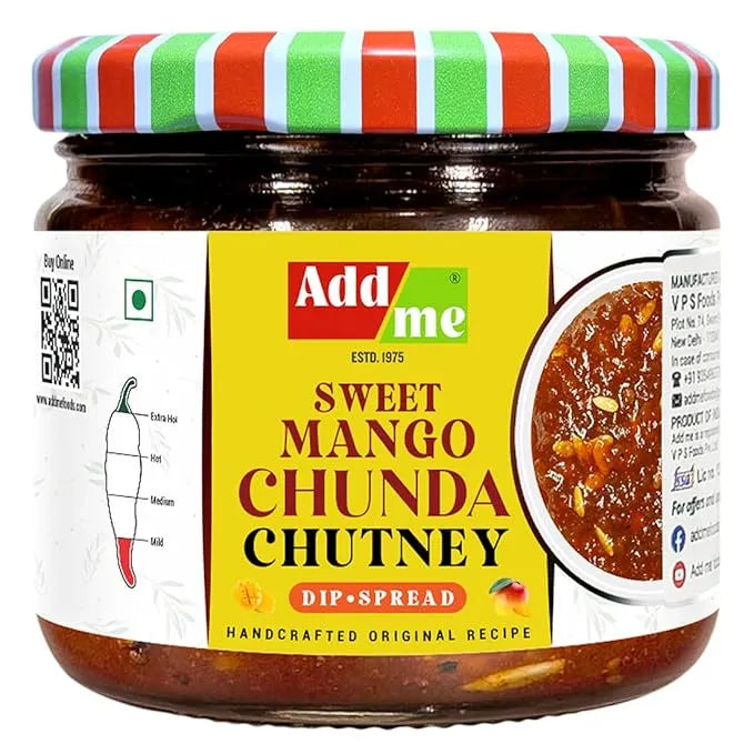Jar of Add Me Sweet Mango Chunda Chutney with colorful lid on a white background