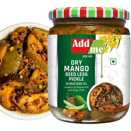 Jar of pickles with a decorative mouse on top against a white background. mango seedless pickle