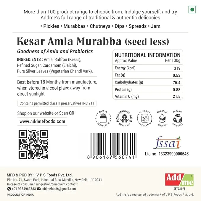 Add Me Foods: Back of a product packaging with Kesar Amla Murabba label, ingredients, nutritional information, and Addme branding.