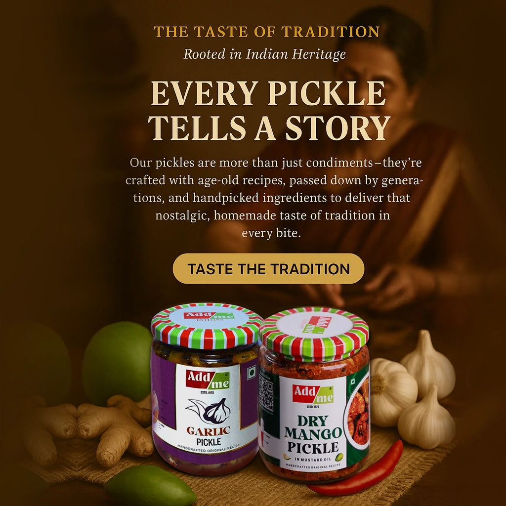 Two jars of pickles with ingredients on a wooden board, text about Indian heritage and pickle stories.