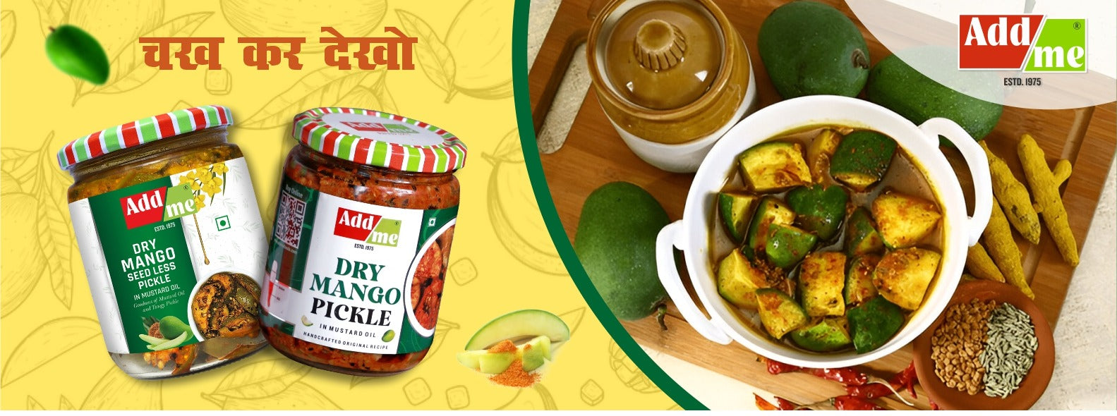 Add Me Foods: Adda Me dry mango pickle jars with a bowl of pickled vegetables on a wooden board.