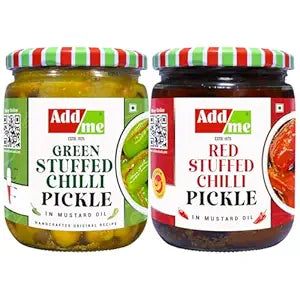 Two jars of Add me pickles, one green and one red, on a white background. chilli pickle