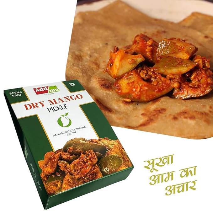 Dry mango pickle packaging with a side of pickle on a tortilla