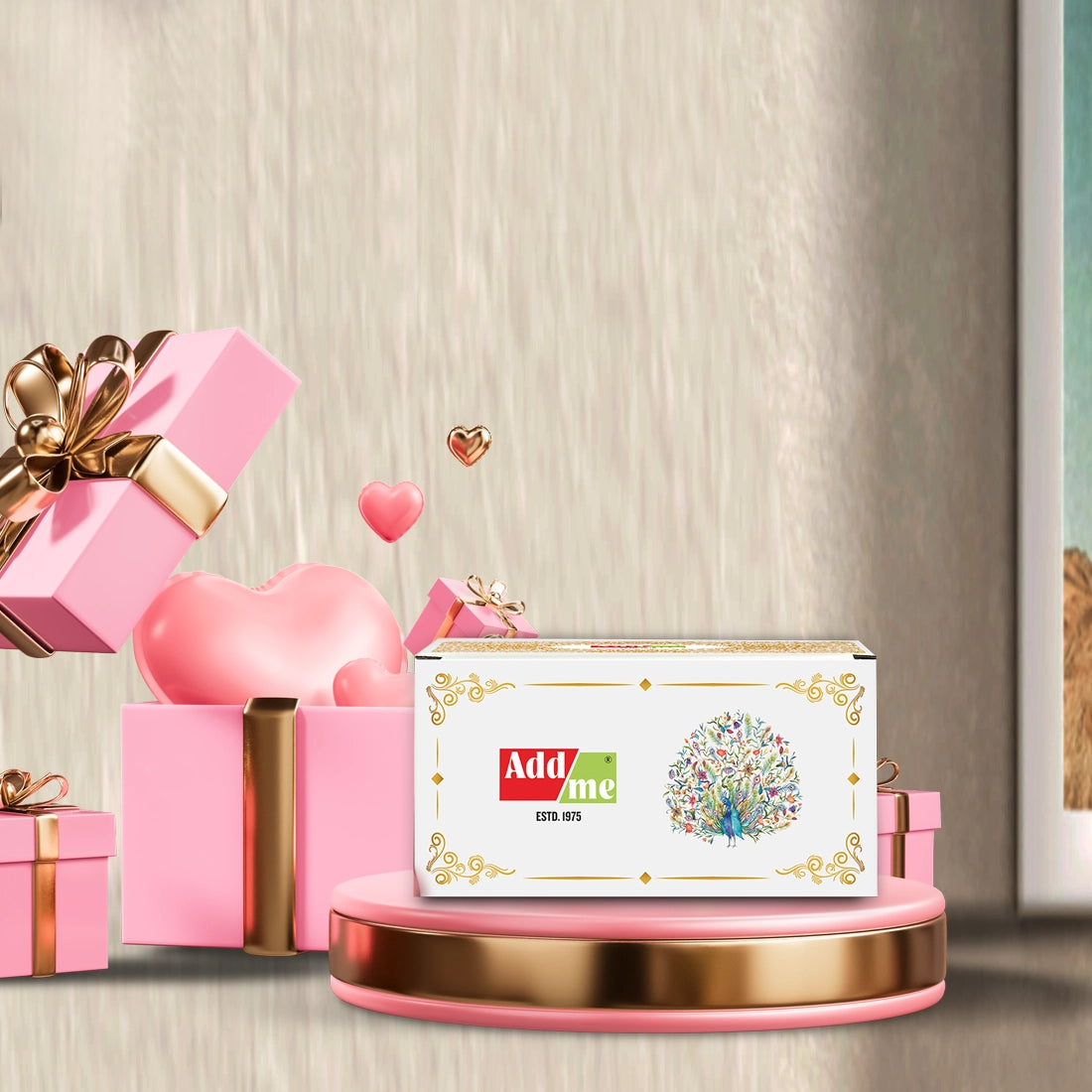 Product packaging with decorative elements on a neutral background