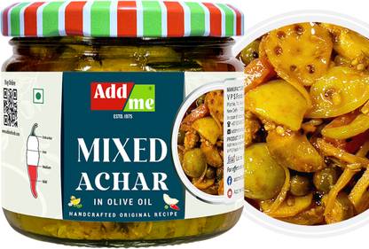 Add Me Foods: Jar of 'Add me Mixed Achar' with a side view of the pickled vegetables.
