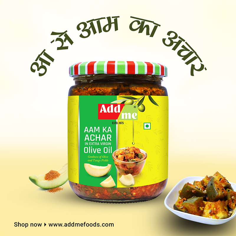Jar of Aam Ka Achar with a colorful lid on a light background, featuring Addme branding.