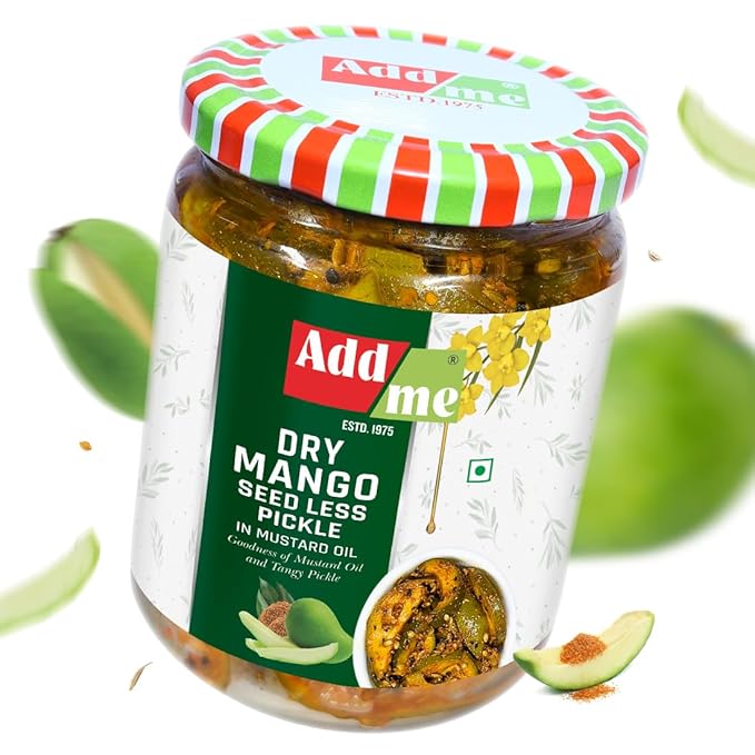 Jar of Add me Dry Mango Seed Less Pickle with a colorful lid on a white background