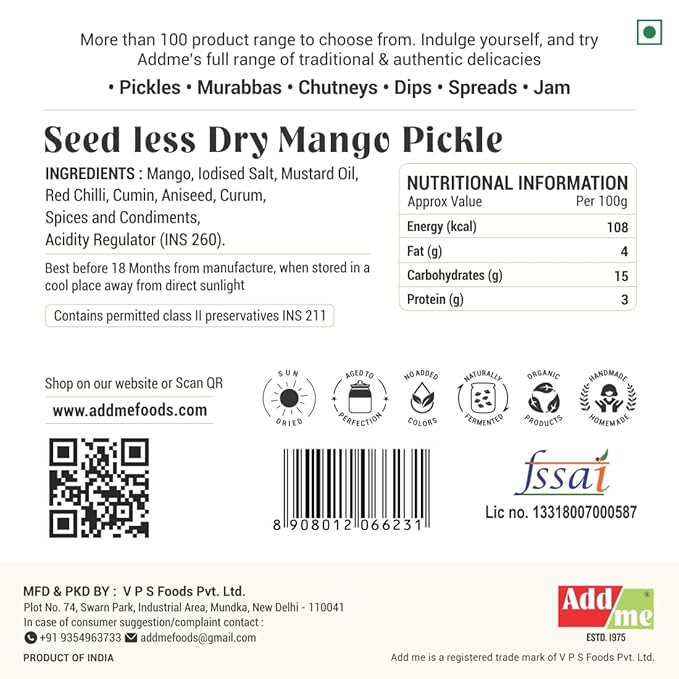 Seedless Dry Mango Pickle label with ingredients, nutritional information, and Addme branding.