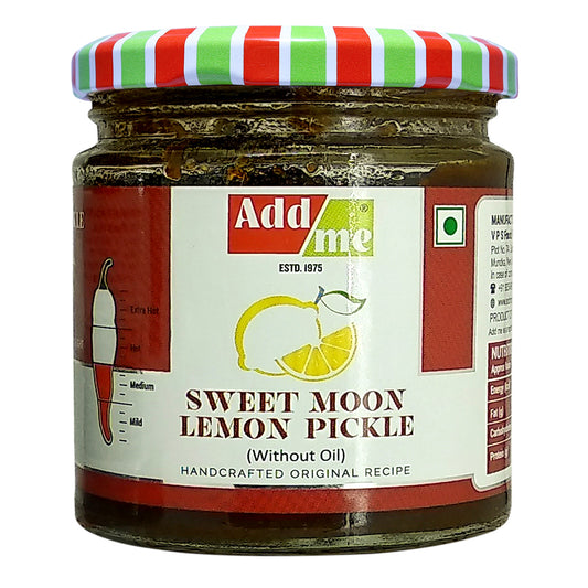 Jar of Add Me Red Stuffed Chilli Pickle with a close-up of pickles on a white background