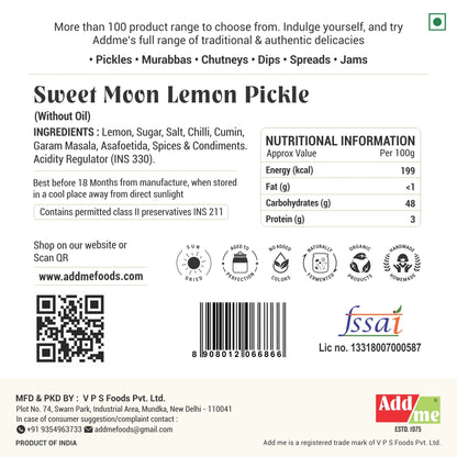 Back of a Sweet Moon Lemon Pickle packaging with ingredients, nutritional information, and branding details.
