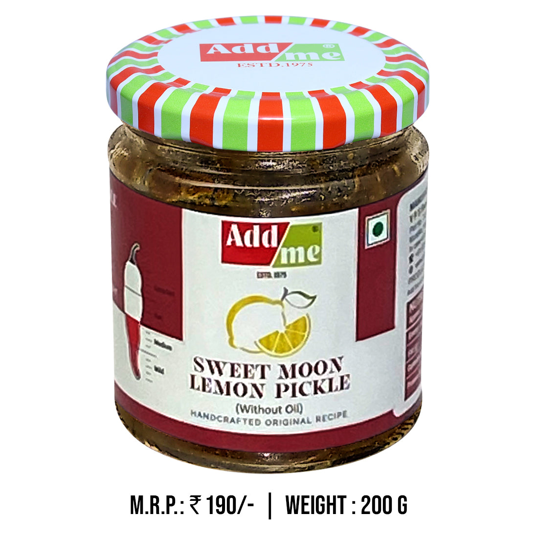 Jar of Add me Sweet Moon Lemon Pickle with a colorful lid on a white background