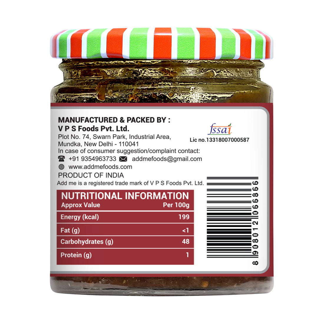 Jar with a striped lid displaying nutritional information and contact details on a white background