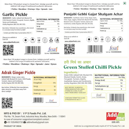 Pickles Combo - 4 Jars: Green Stuffed Chilli, Gajar Shalgam, Garlic & Ginger (Traditional Recipe in Mustard Oil 300gm*)