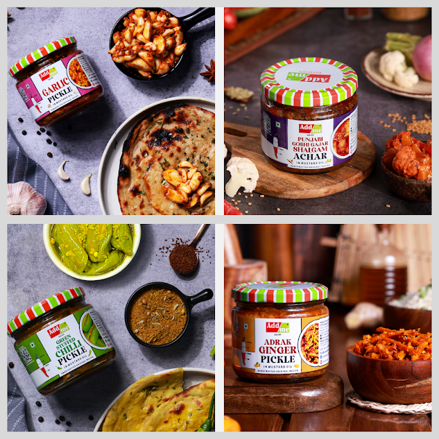 Pickles Combo - 4 Jars: Green Stuffed Chilli, Gajar Shalgam, Garlic & Ginger (Traditional Recipe in Mustard Oil 300gm*)