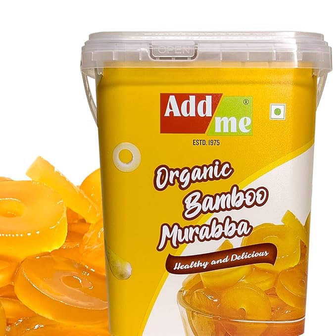 Yellow container of Add Me Organic Bamboo Murabba with images of bamboo shoots on a white background