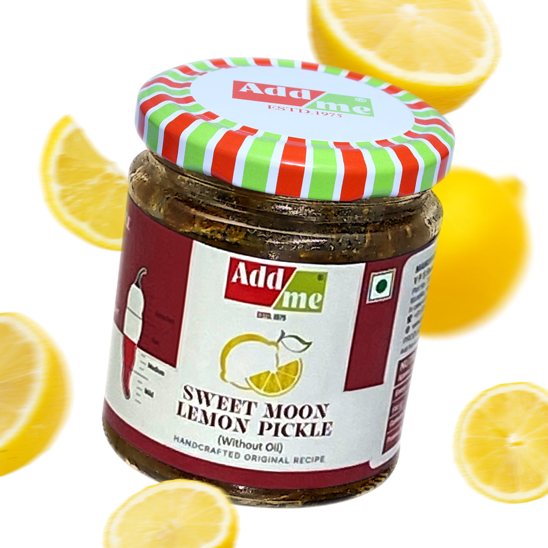 Jar of Add me Sweet Moon Lemon Pickle with a striped lid, surrounded by lemon slices on a white background.