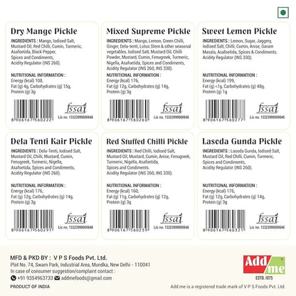 Labels of various pickles with ingredients, nutritional information, and branding on a white background.