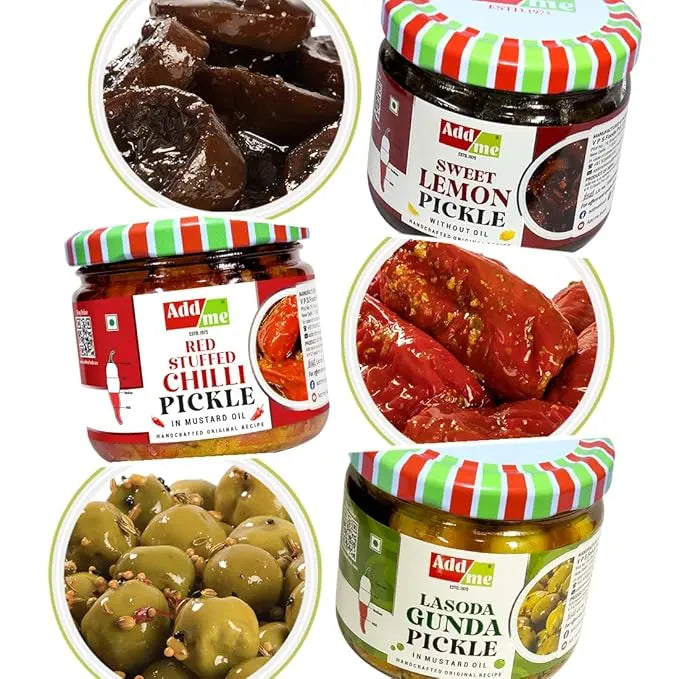 Collage of Adda Me pickles including sweet lemon, red stuffed chili, and lasoda gunda with their respective labels.
