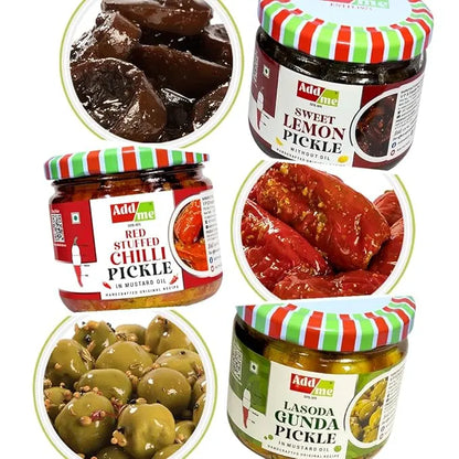 Collage of Adda Me pickles including sweet lemon, red stuffed chili, and lasoda gunda with their respective labels.