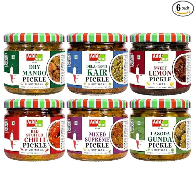 Set of six pickle jars with colorful lids and labels on a white background