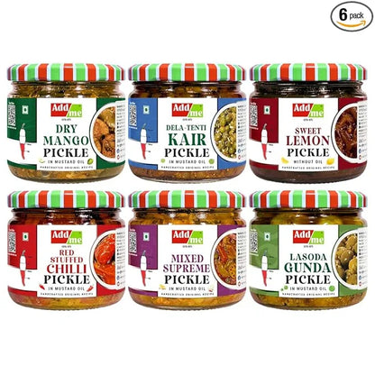 Set of six pickle jars with colorful lids and labels on a white background