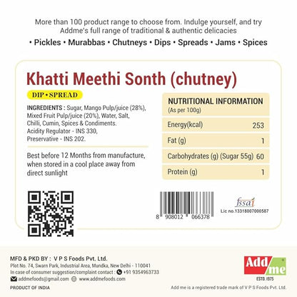 Back of a packaging label for Khatti Meethi Sonth chutney with nutritional information and branding details.