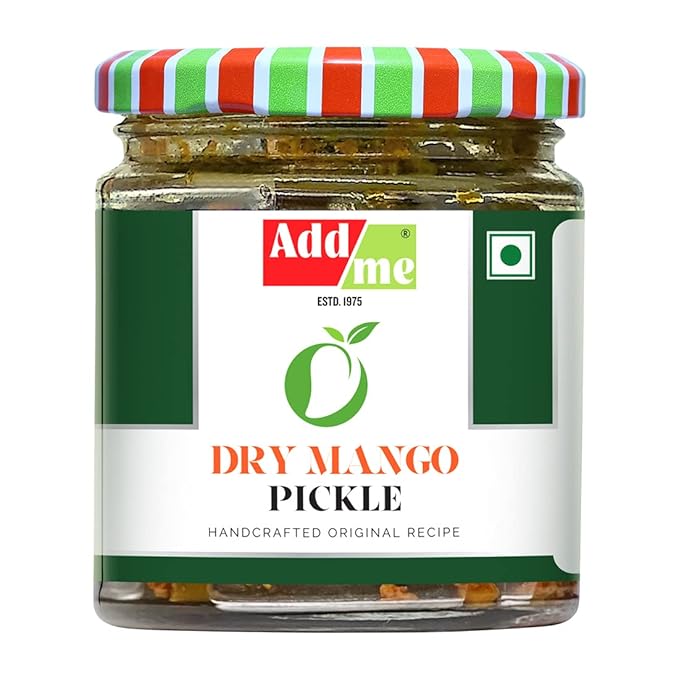 Jar of Add Me Dry Mango Pickle with a colorful lid on a white background