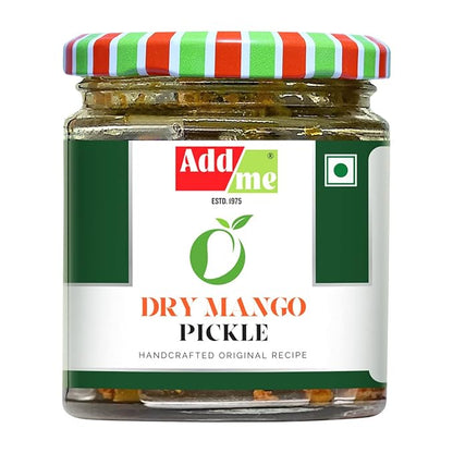 Jar of Add Me Dry Mango Pickle with a colorful lid on a white background