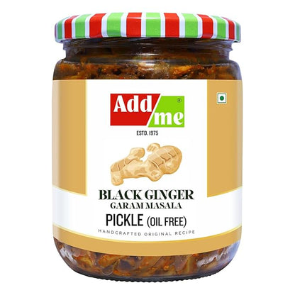 Jar of Add me Black Ginger Garam Masala Pickle with a colorful lid on a white background