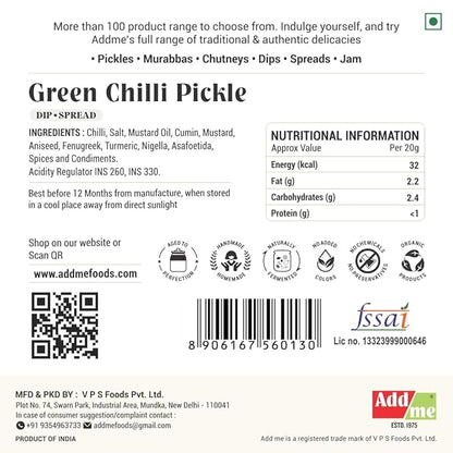 Add Me Foods: Back of a Green Chilli Pickle packaging with nutritional information, ingredients, and branding details.
