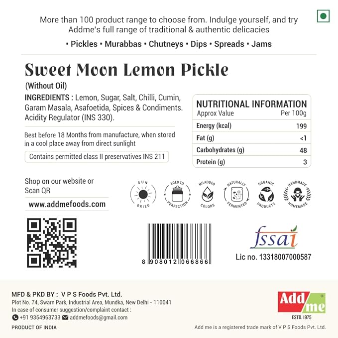 Back label of Sweet Moon Lemon Pickle with ingredients, nutritional information, and branding details.